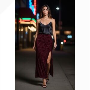 Voice Floral Burnout Velvet Maxi Skirt Womens Large Burgundy  Slit Vintage